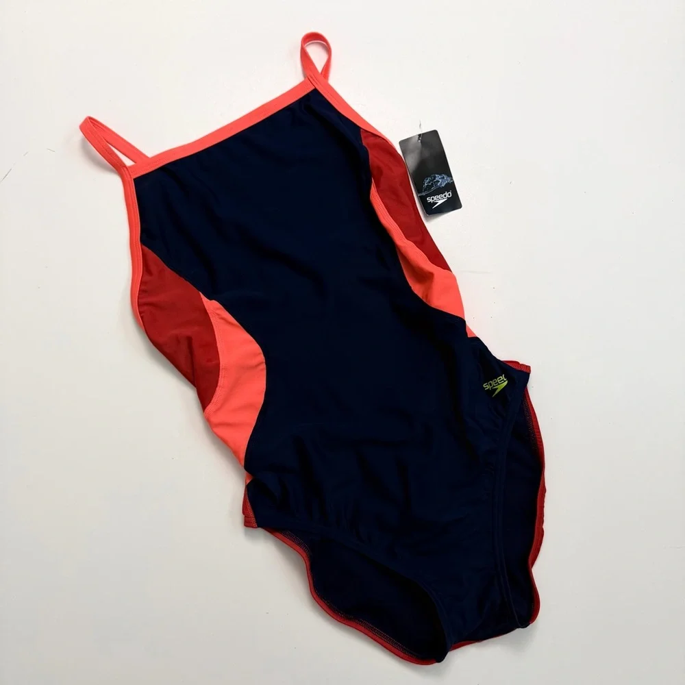 Speedo Swimsuit One Piece Pro LT Quick Dry Shape Retention Pool Blue Red Coral